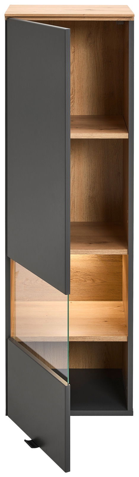 Hängevitrine mit Holzoptik und teilweise geöffneter Tür, Frontansicht