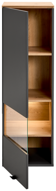 Hängevitrine mit Holzoptik und teilweise geöffneter Tür, Frontansicht