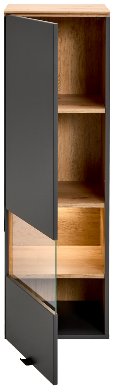 Hängevitrine mit Holzoptik und teilweise geöffneter Tür, Frontansicht