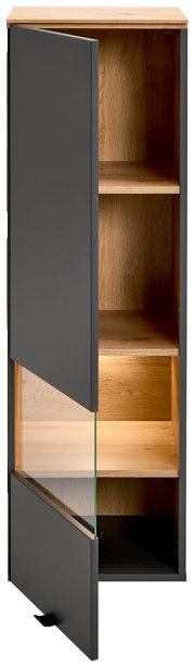 Hangvitrine met houtlook en gedeeltelijk geopende deur, vooraanzicht