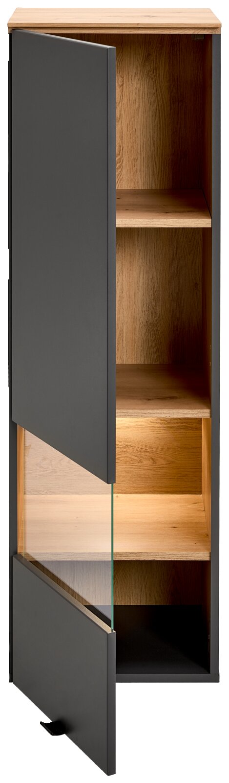 Hangvitrine met houtlook en gedeeltelijk geopende deur, vooraanzicht