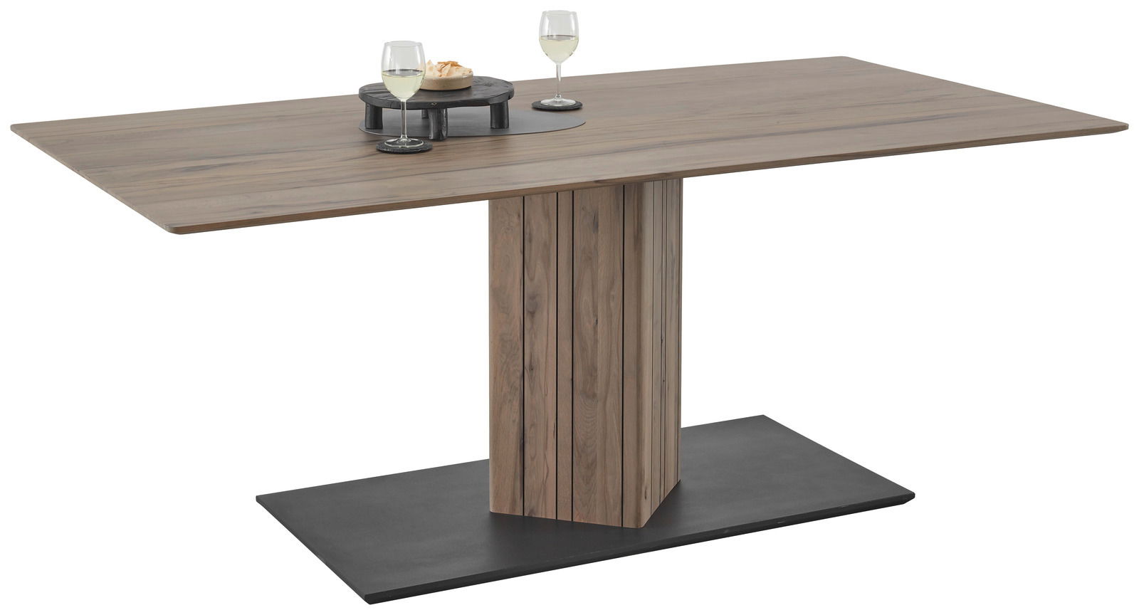 Moderner Esstisch aus Holz mit rechteckiger Tischplatte und zentralem Standfuß, seitliche Perspektive