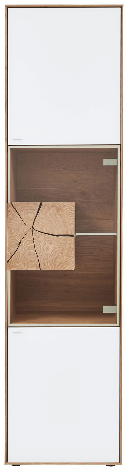 Vitrine mit weißem und holzfarbenem Design, frontale Ansicht