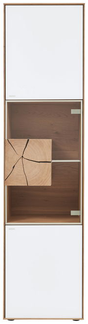 Vitrine mit weißem und holzfarbenem Design, frontale Ansicht