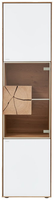 Vitrine mit weißem und holzfarbenem Design, frontale Ansicht