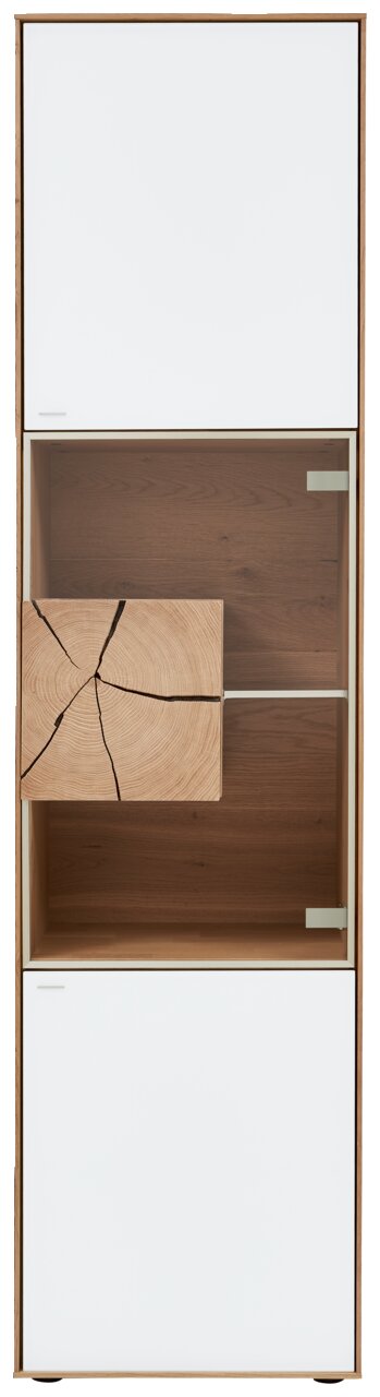 Vitrine mit weißem und holzfarbenem Design, frontale Ansicht