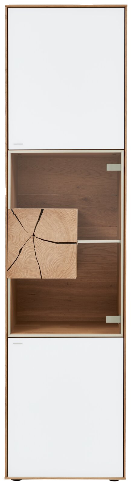 Vitrine met een wit en houtkleurig ontwerp, vooraanzicht