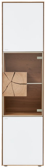 Vitrine mit weißem und holzfarbenem Design, frontale Ansicht