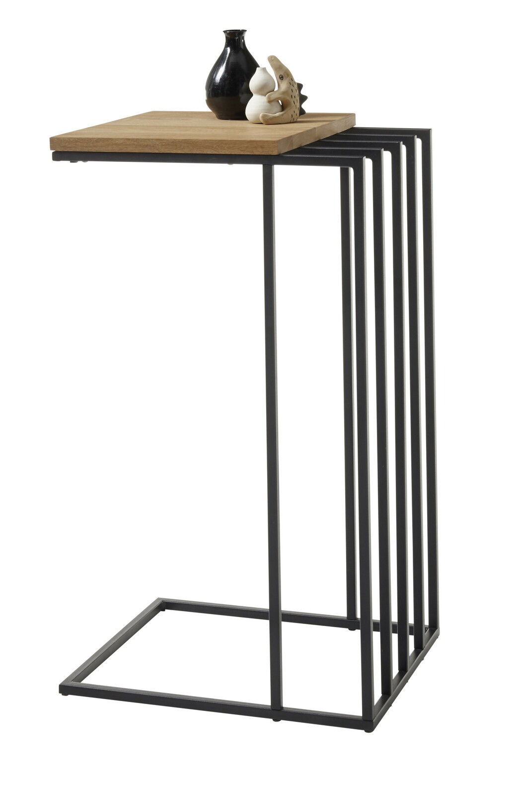 Moderner Beistelltisch mit Holzplatte und schwarzem Metallgestell, seitliche Perspektive.