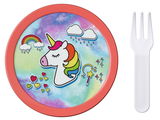 Bunte Einhorn-Lunchbox mit Regenbogen und Herzmotiven, von oben betrachtet, inklusive weißer Gabel.