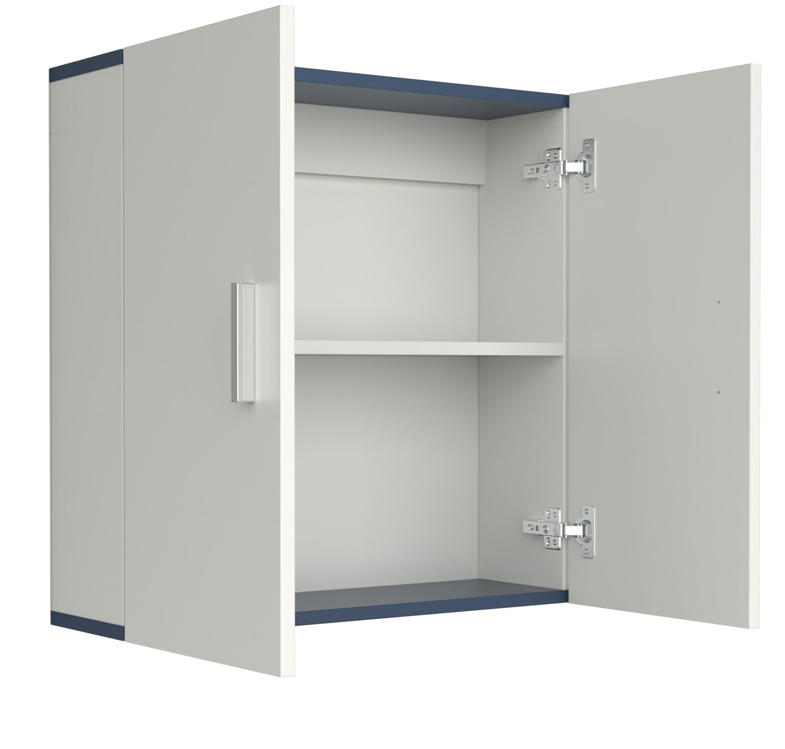 Offener Hängeschrank in Hellgrau mit blauem Korpus, einer Tür mit Metallgriff und Innenfachboden, Produktansicht schräg von vorn rechts