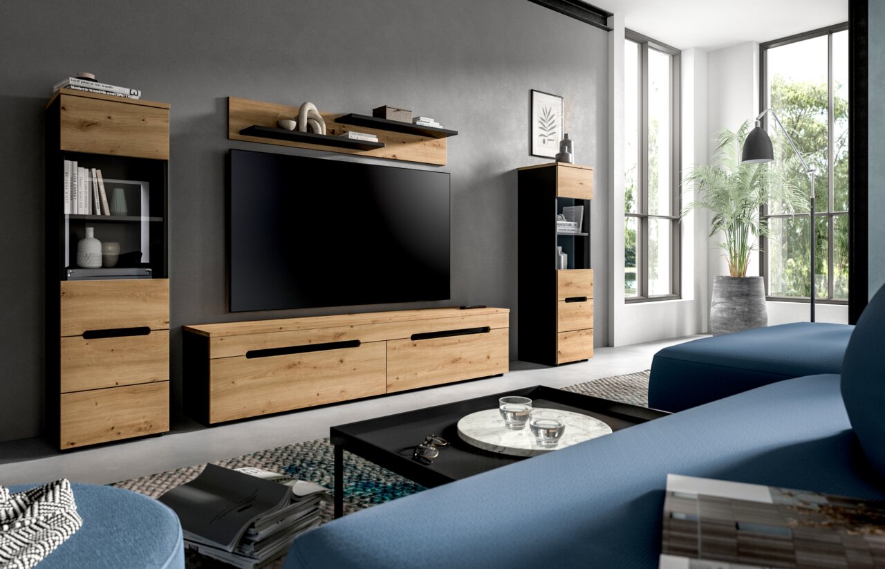 MID.YOU Wohnkombination CANU Modernes Wohnzimmer mit TV-Wandmöbel-Set in Holzoptik und Schwarz, bestehend aus Lowboard, zwei Vitrinen und Wandregal, frontal in leichter Schrägansicht von links fotografiert.