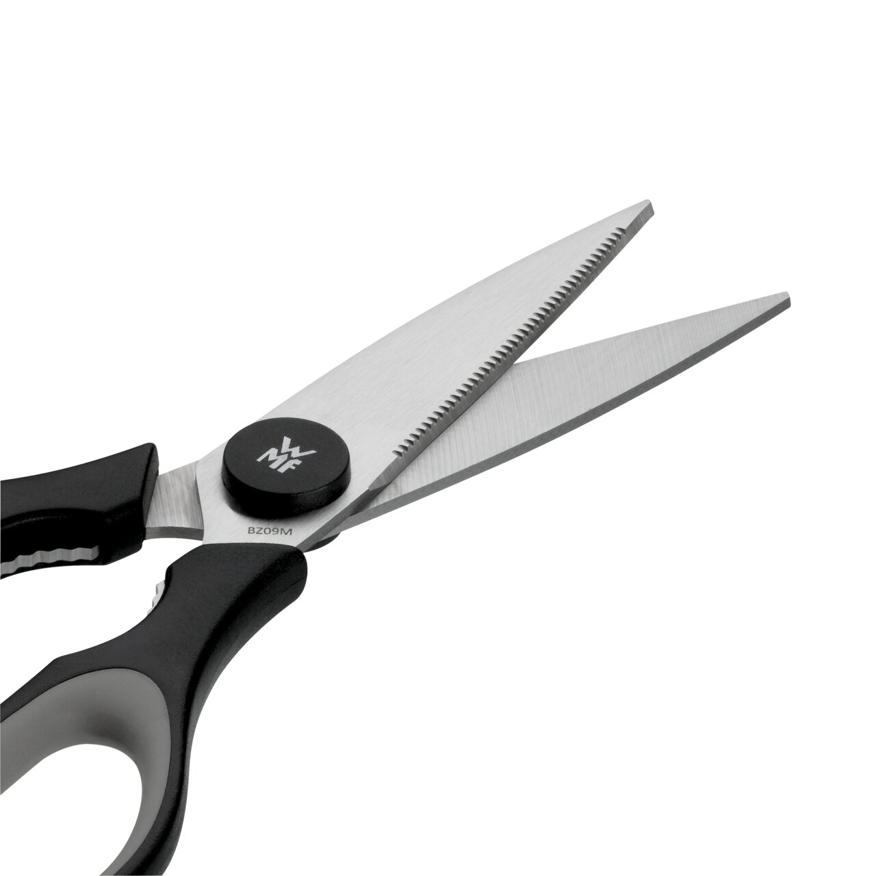 Küchenschere Touch, schwarz, Nahaufnahme der Klingen und Griffe, seitliche Perspektive