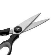 Küchenschere Touch, schwarz, Nahaufnahme der Klingen und Griffe, seitliche Perspektive
