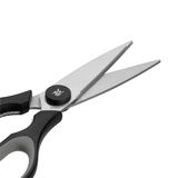 Küchenschere Touch, schwarz, Nahaufnahme der Klingen und Griffe, seitliche Perspektive