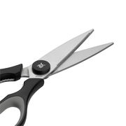 Küchenschere Touch, schwarz, Nahaufnahme der Klingen und Griffe, seitliche Perspektive