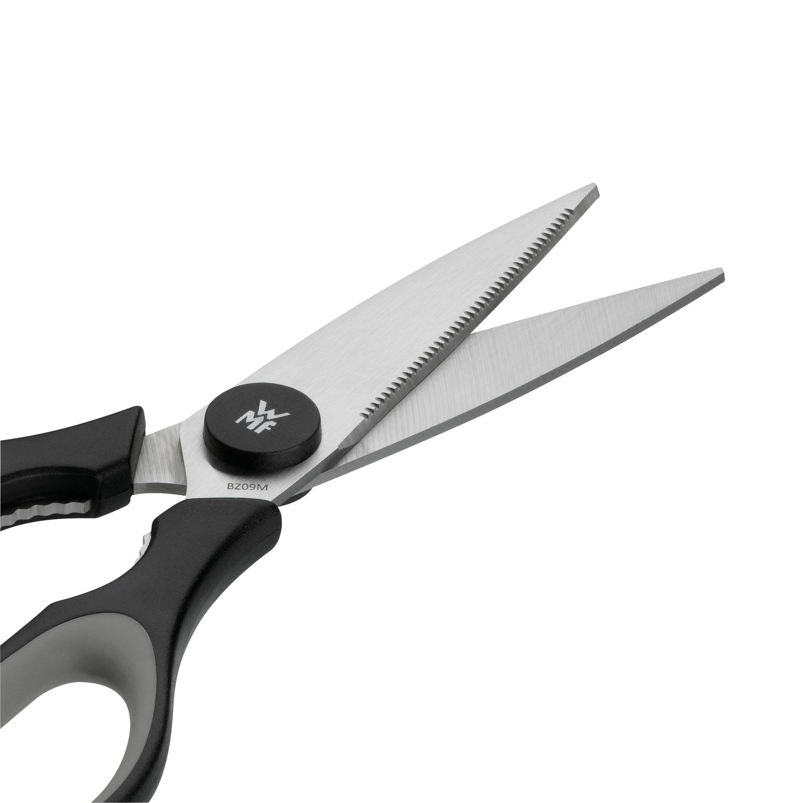 Küchenschere Touch, schwarz, Nahaufnahme der Klingen und Griffe, seitliche Perspektive