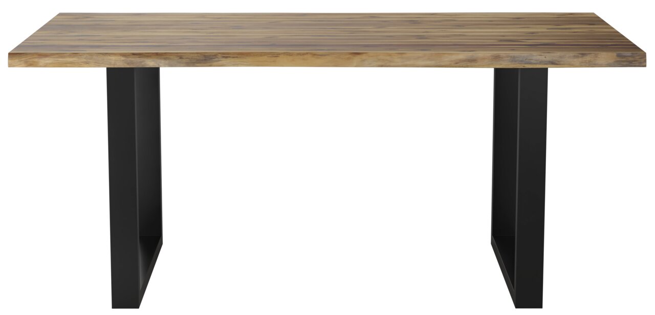 Moderne tuintafel met houten blad en zwarte metalen poten, vooraanzicht