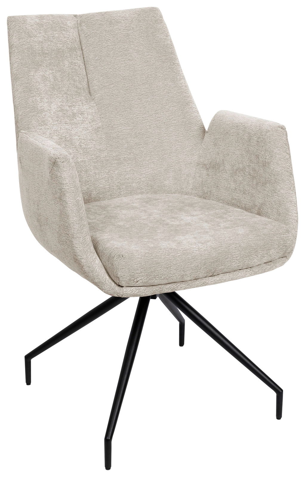 Moderner Armlehnstuhl in Beige mit schwarzem Metallgestell, seitliche Perspektive