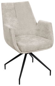 Moderner Armlehnstuhl in Beige mit schwarzem Metallgestell, seitliche Perspektive