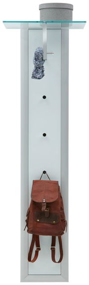 Garderobenpaneel mit Glasablage, Haken und Aufhängemöglichkeiten, frontal abgebildet. Ein Hut, ein Schal und ein Rucksack sind daran aufgehängt.