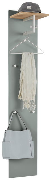 Garderobenpaneel in Grau mit Hutablage, Kleiderhaken und Tasche, Frontalansicht