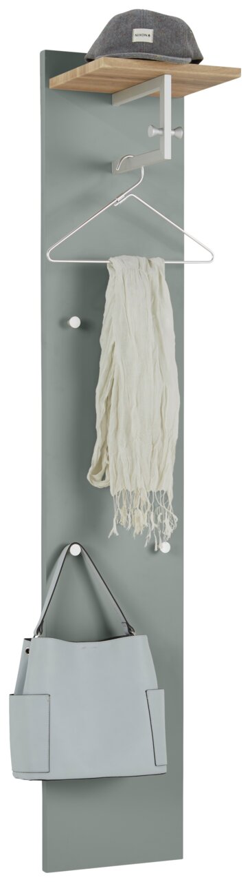 Garderobenpaneel in Grau mit Hutablage, Kleiderhaken und Tasche, Frontalansicht