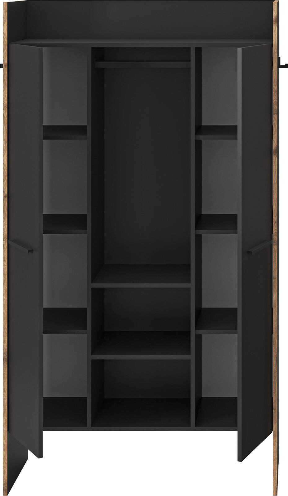 Offener Kleiderschrank in Schwarz mit mittiger Kleiderstange, mehreren Regalfächern und zwei geöffneten Türen, Frontansicht.