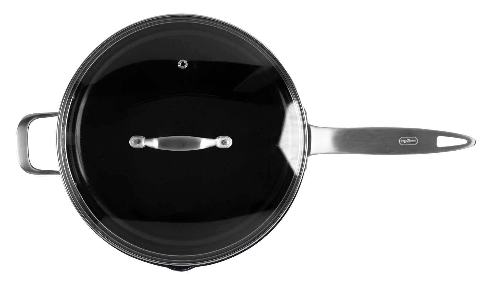 Schwarze Bratpfanne mit Glasdeckel und Edelstahlgriffen, Draufsicht von oben