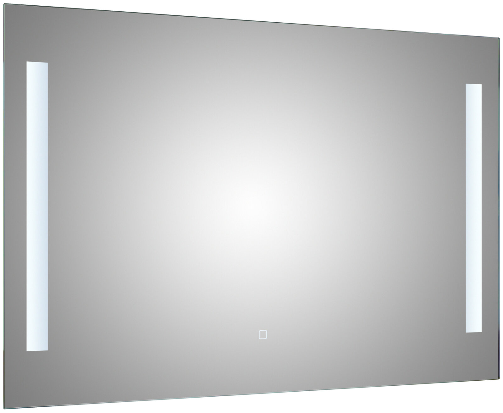 Rechteckiger Badezimmerspiegel mit integrierter LED-Beleuchtung in zwei vertikalen Lichtstreifen links und rechts sowie Touch-Schalter unten mittig, frontale Ansicht leicht schräg von rechts