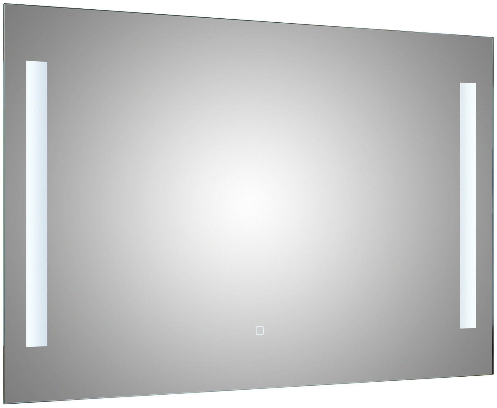 Rechteckiger Badezimmerspiegel mit integrierter LED-Beleuchtung in zwei vertikalen Lichtstreifen links und rechts sowie Touch-Schalter unten mittig, frontale Ansicht leicht schräg von rechts