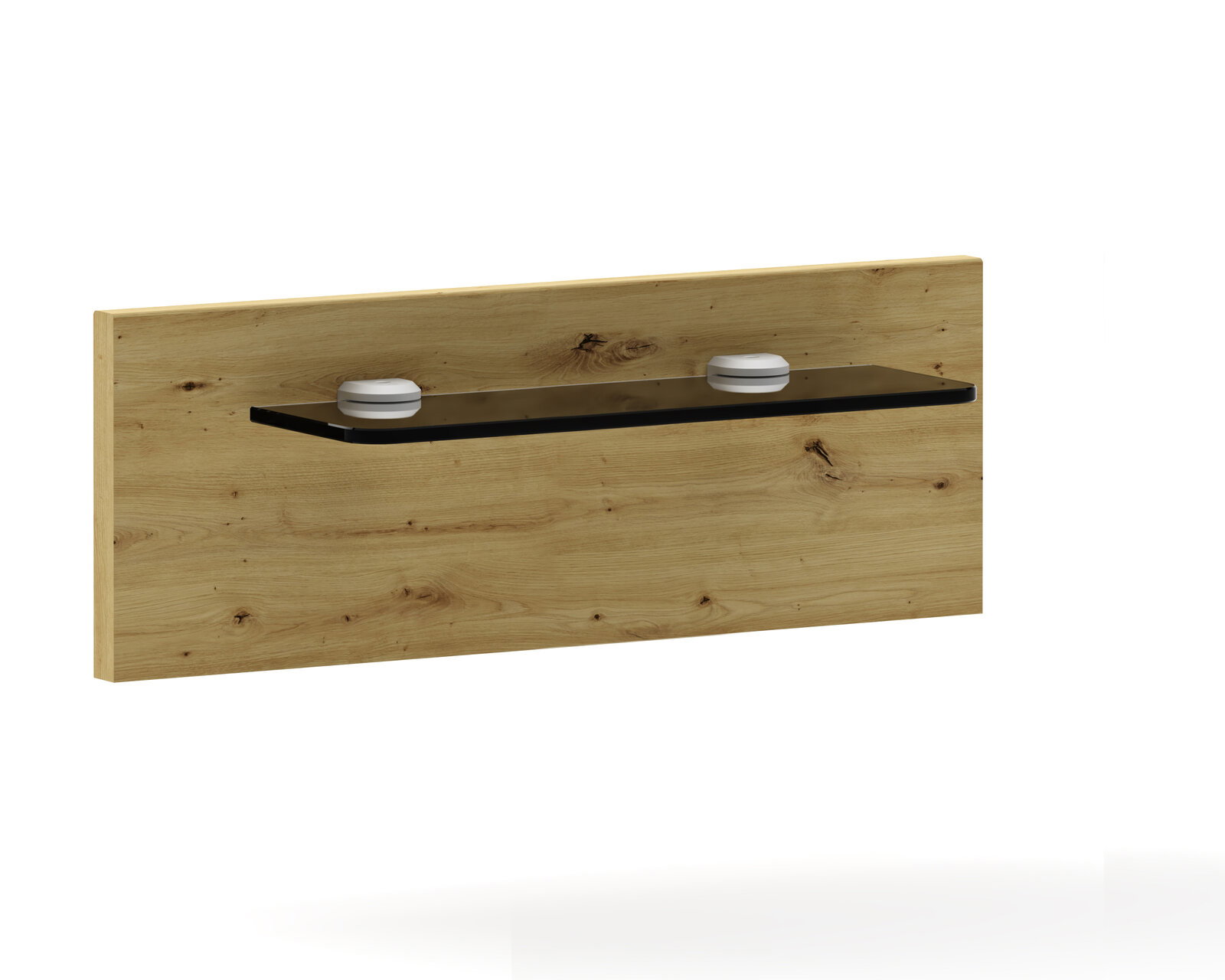 Wandmontiertes Regalbrett aus Holz mit schwarzer Ablage und zwei weißen Halterungen, schräg von vorn in leichter Seitenansicht dargestellt