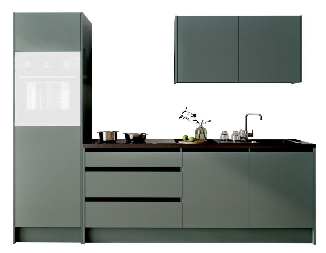 Yourkitchen Küchenblock 273 TROJA Moderne Küchenzeile in grauer Farbe mit Schränken, Schubladen und Spüle, frontal betrachtet.