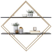 Wandregal mit geometrischem Design, zwei schwarzen Regalböden und goldfarbenem Rahmen, frontal abgebildet. Dekoriert mit Pflanzen, Schalen und Büchern.