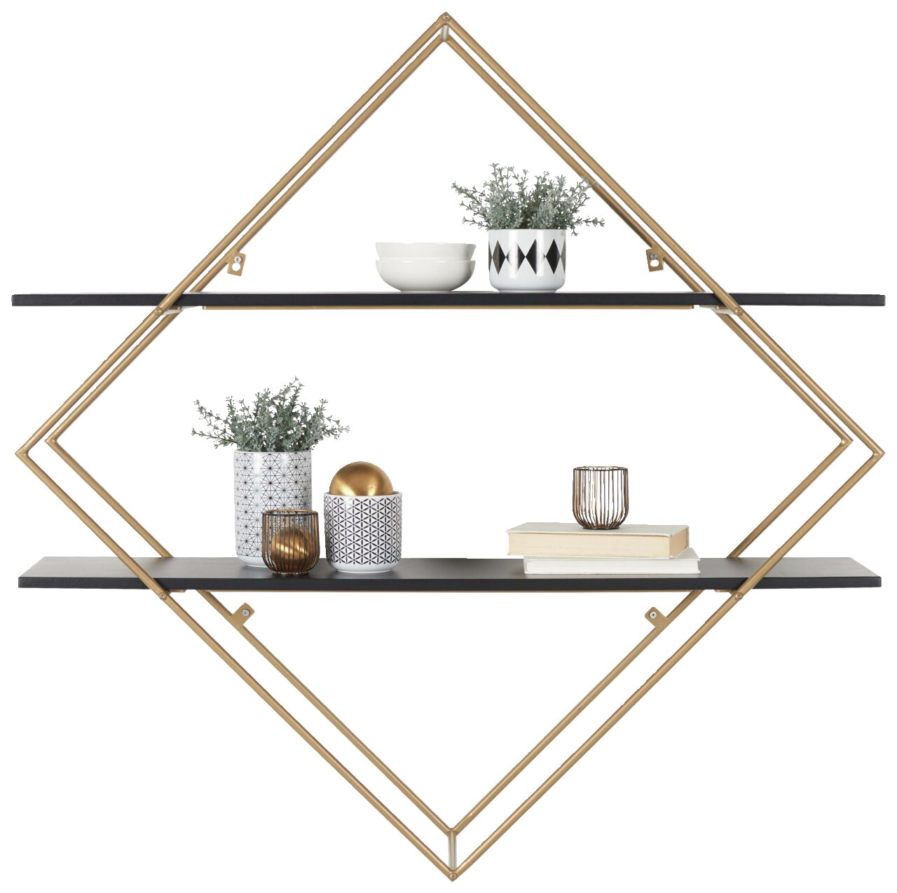 Wandregal mit geometrischem Design, zwei schwarzen Regalböden und goldfarbenem Rahmen, frontal abgebildet. Dekoriert mit Pflanzen, Schalen und Büchern.