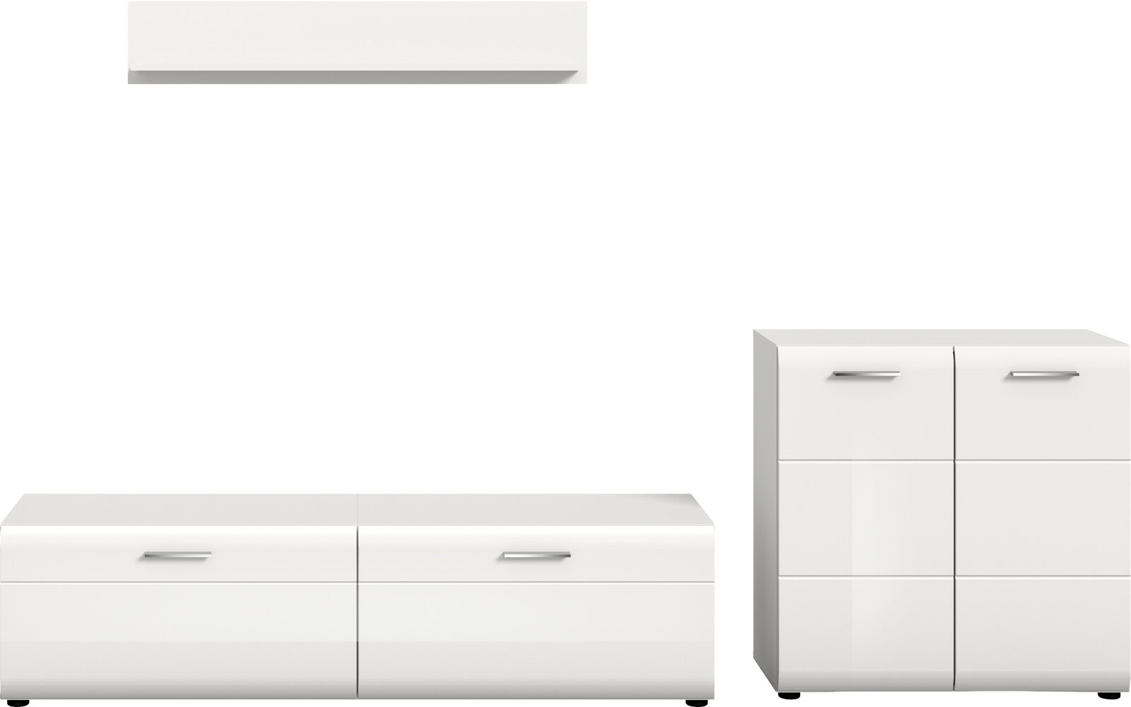 Weiße, hochglänzende Sideboard- und Kommodenmöbel mit silbernen Griffen auf weißem Hintergrund, frontal in leichter Perspektive von vorn gezeigt