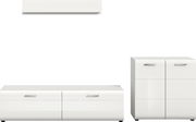 Weiße, hochglänzende Sideboard- und Kommodenmöbel mit silbernen Griffen auf weißem Hintergrund, frontal in leichter Perspektive von vorn gezeigt