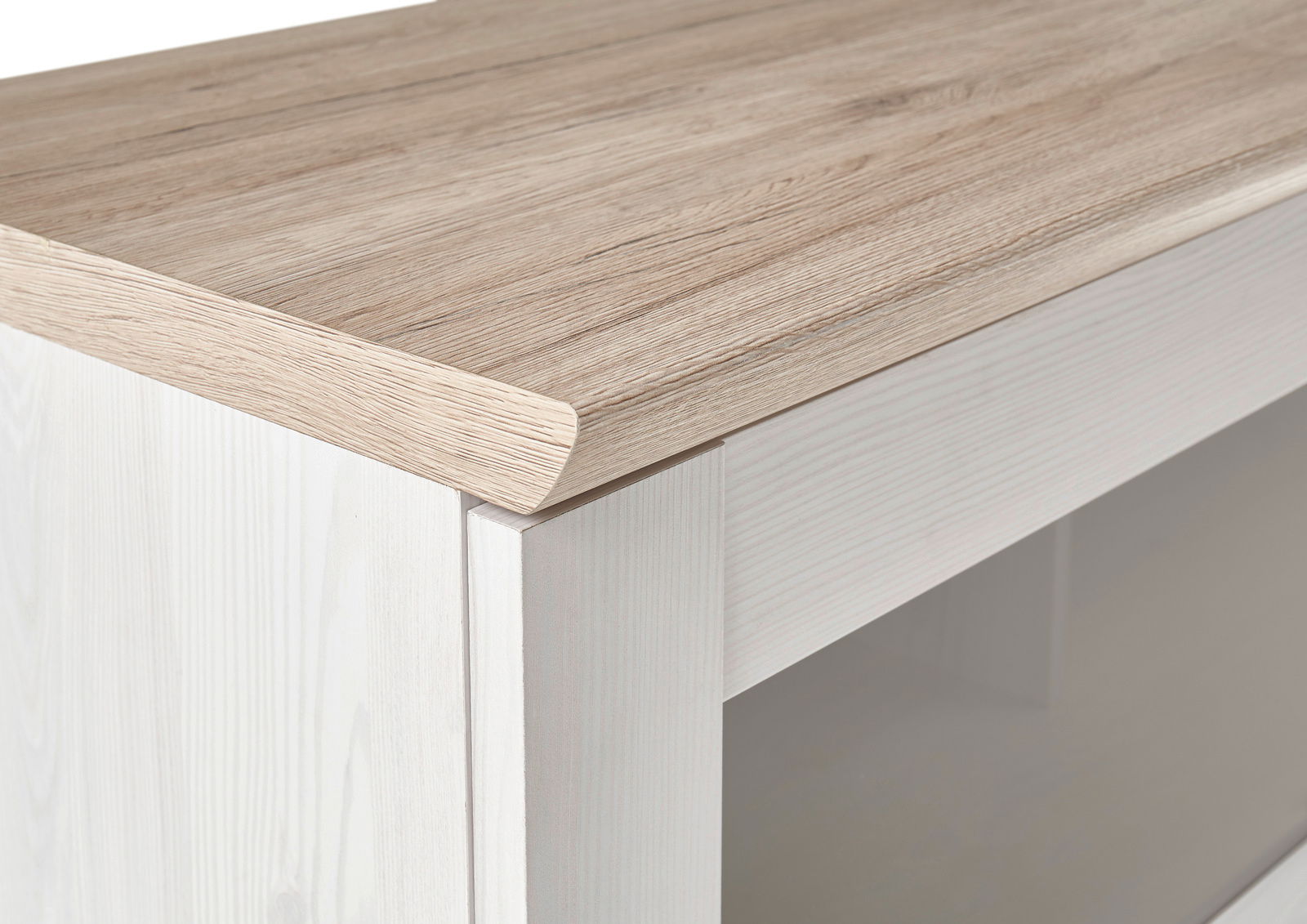 Nahaufnahme eines Barschrankes mit heller Holzoberfläche und weißem Korpus, seitliche Perspektive.