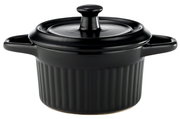 Schwarze Cocotte mit Deckel und seitlichen Griffen, aus leicht erhöhter Perspektive fotografiert.