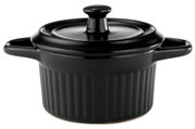 Schwarze Cocotte mit Deckel und seitlichen Griffen, aus leicht erhöhter Perspektive fotografiert.