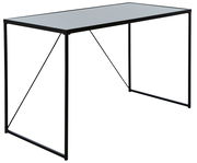 Moderner Schreibtisch mit schwarzem Metallrahmen und Glasplatte, seitliche Perspektive