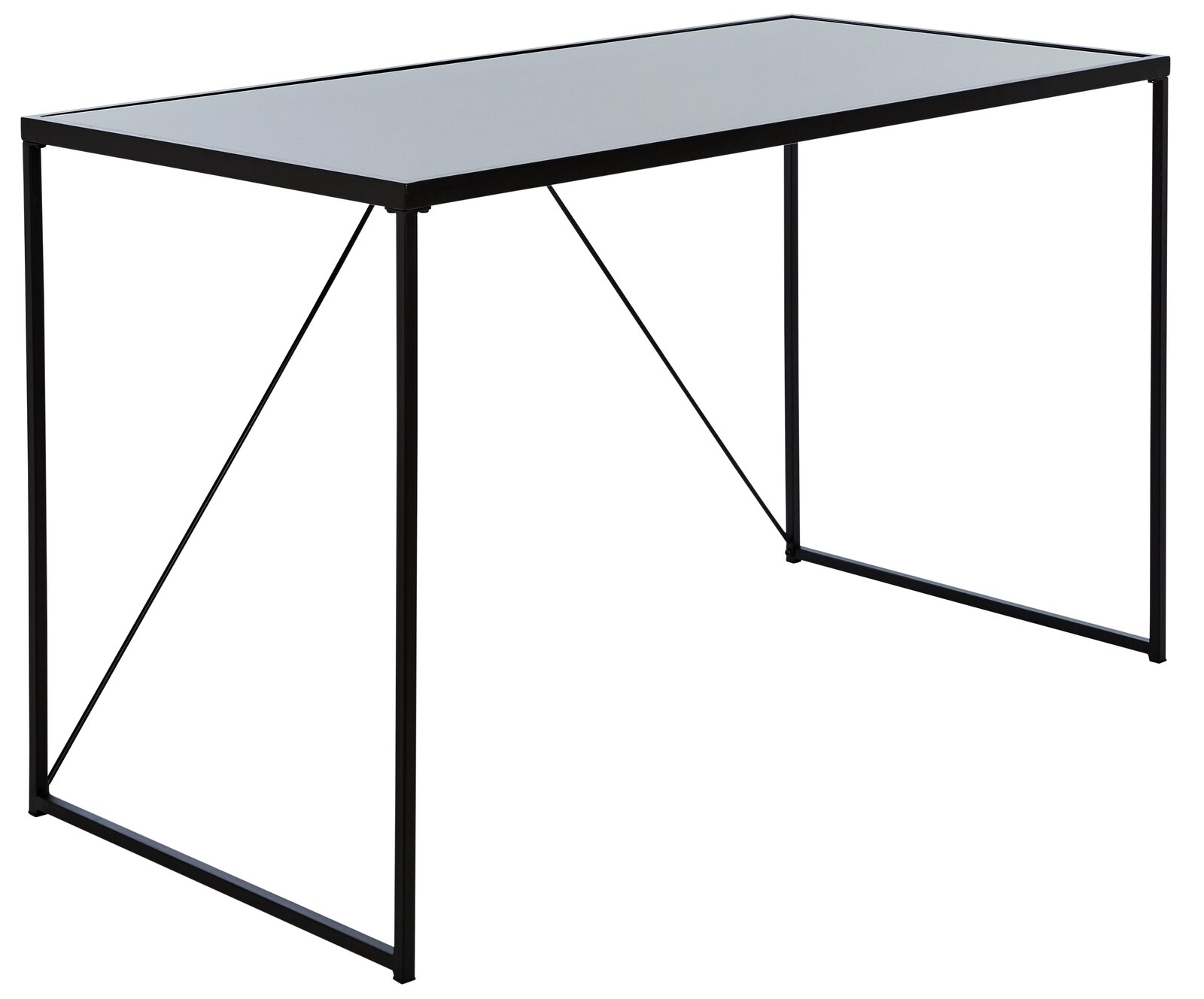 Moderner Schreibtisch mit schwarzem Metallrahmen und Glasplatte, seitliche Perspektive