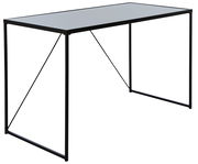 Moderner Schreibtisch mit schwarzem Metallrahmen und Glasplatte, seitliche Perspektive