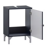 Moderner Waschbeckenunterschrank mit geöffneter Tür, seitliche Perspektive