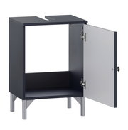 Moderner Waschbeckenunterschrank mit geöffneter Tür, seitliche Perspektive