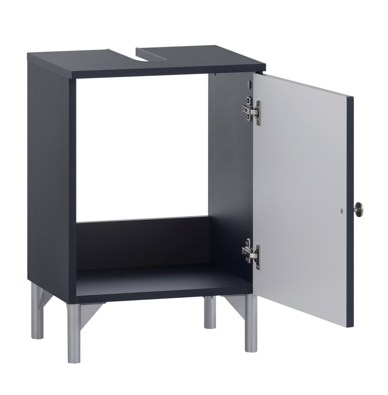 Moderner Waschbeckenunterschrank mit geöffneter Tür, seitliche Perspektive