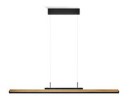 Moderne LED-Pendelleuchte mit Holz- und Metallelementen, seitliche Perspektive