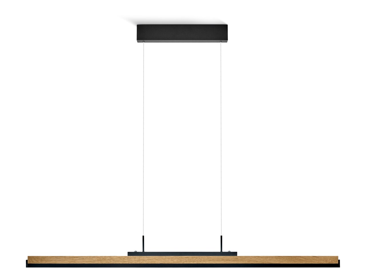 Moderne LED-Pendelleuchte mit Holz- und Metallelementen, seitliche Perspektive