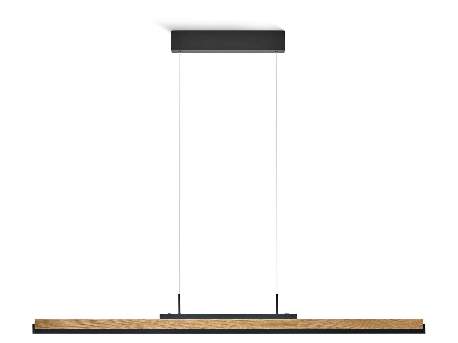 Moderne LED-Pendelleuchte mit Holz- und Metallelementen, seitliche Perspektive