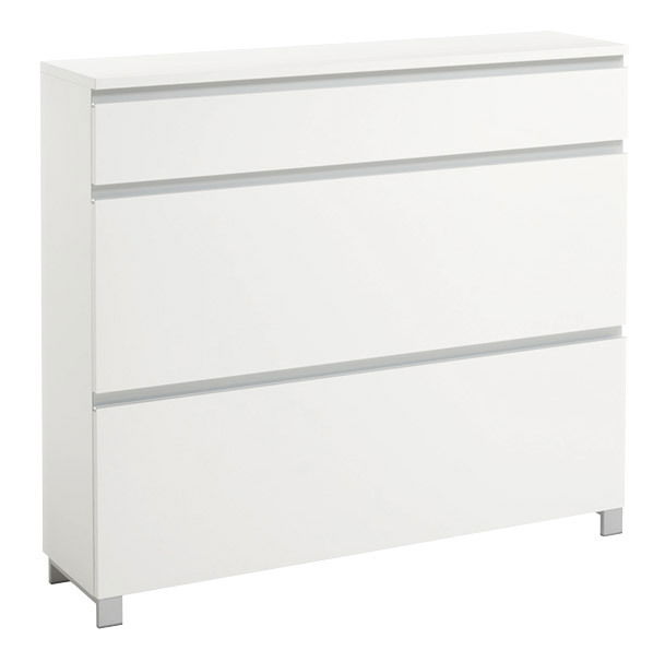 Weißer Schuhschrank mit drei Schubladen, seitliche Perspektive